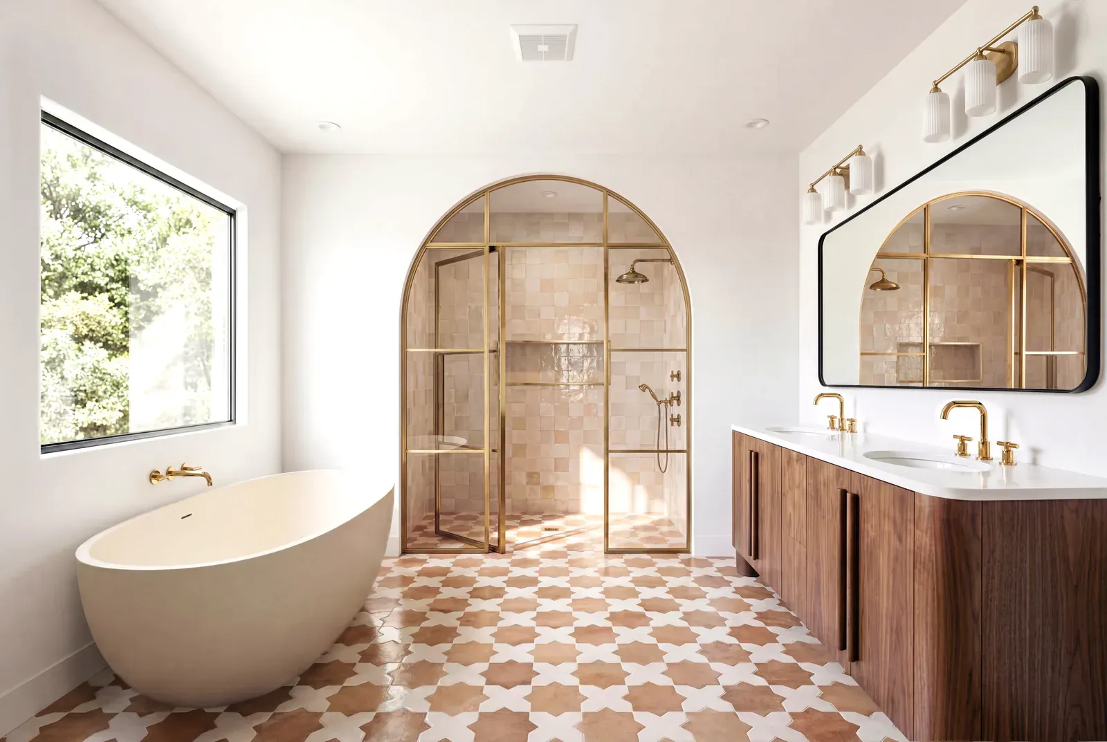 Bathroom remodel in Westlake Hills, Austin, TX with an arched brass shower and checkerboard floor