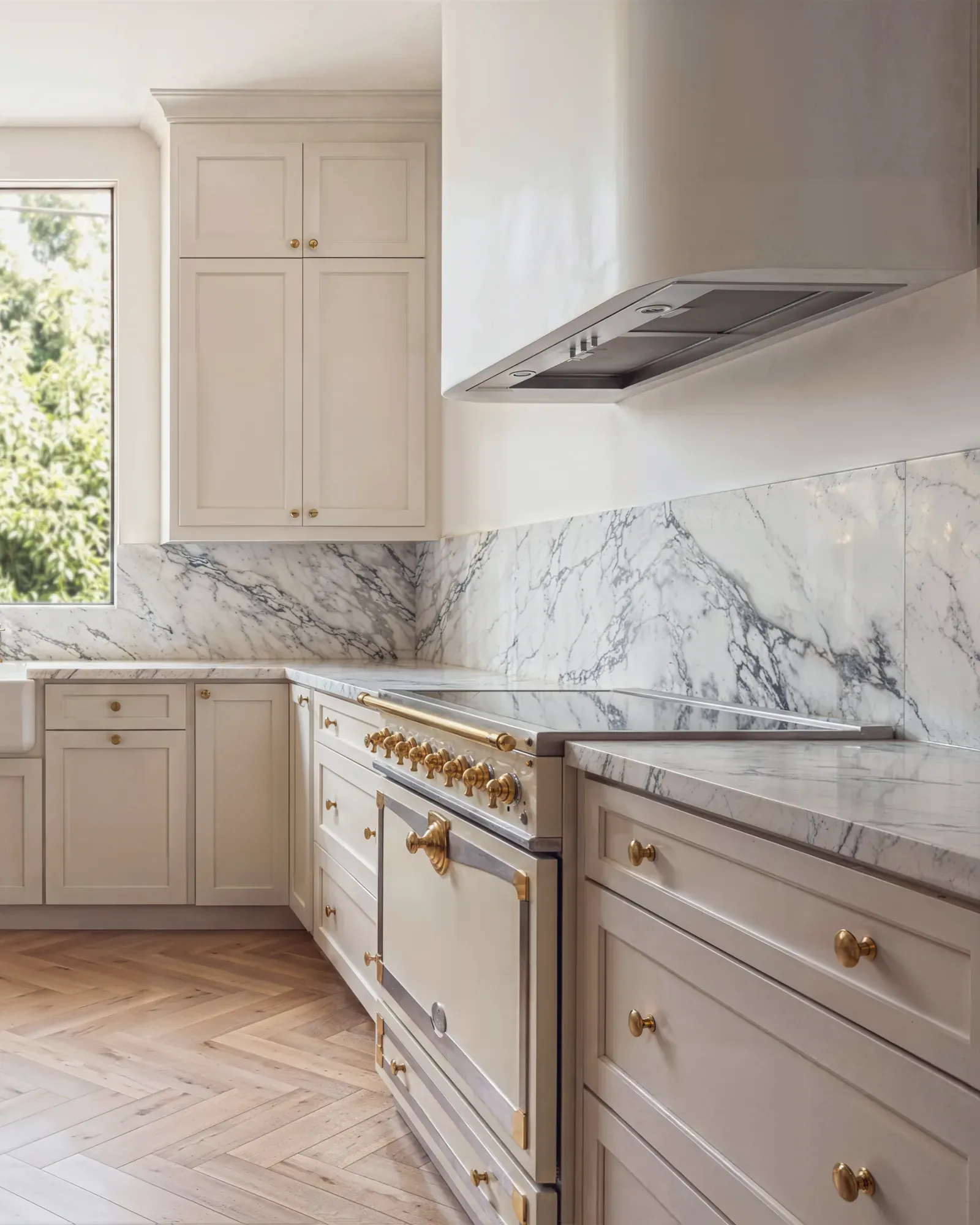 French country kitchen in Clarksville, Austin: cream cabinetry, a curved plaster hood, calacatta marble backsplash and a range with brass knobs