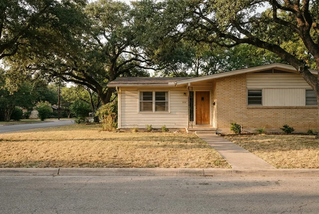 Mid-century brick bungalow under a live oak on a quiet Austin street