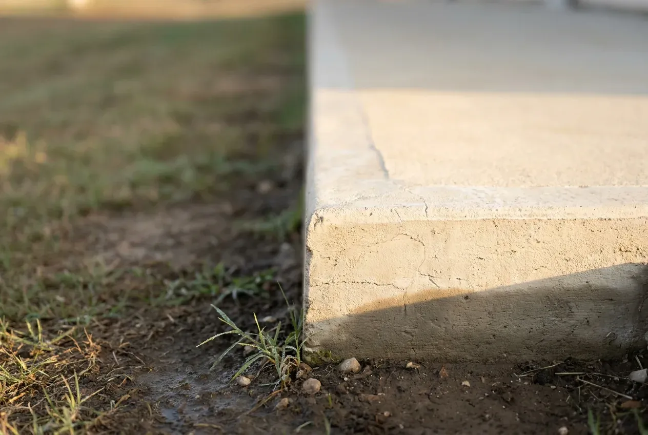 Concrete slab edge meeting bare soil and grass at the base of a house