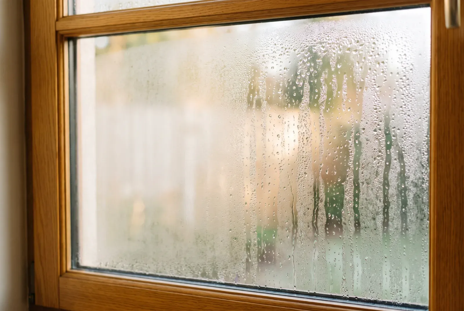 Condensation beading on the inside of a wood-framed window