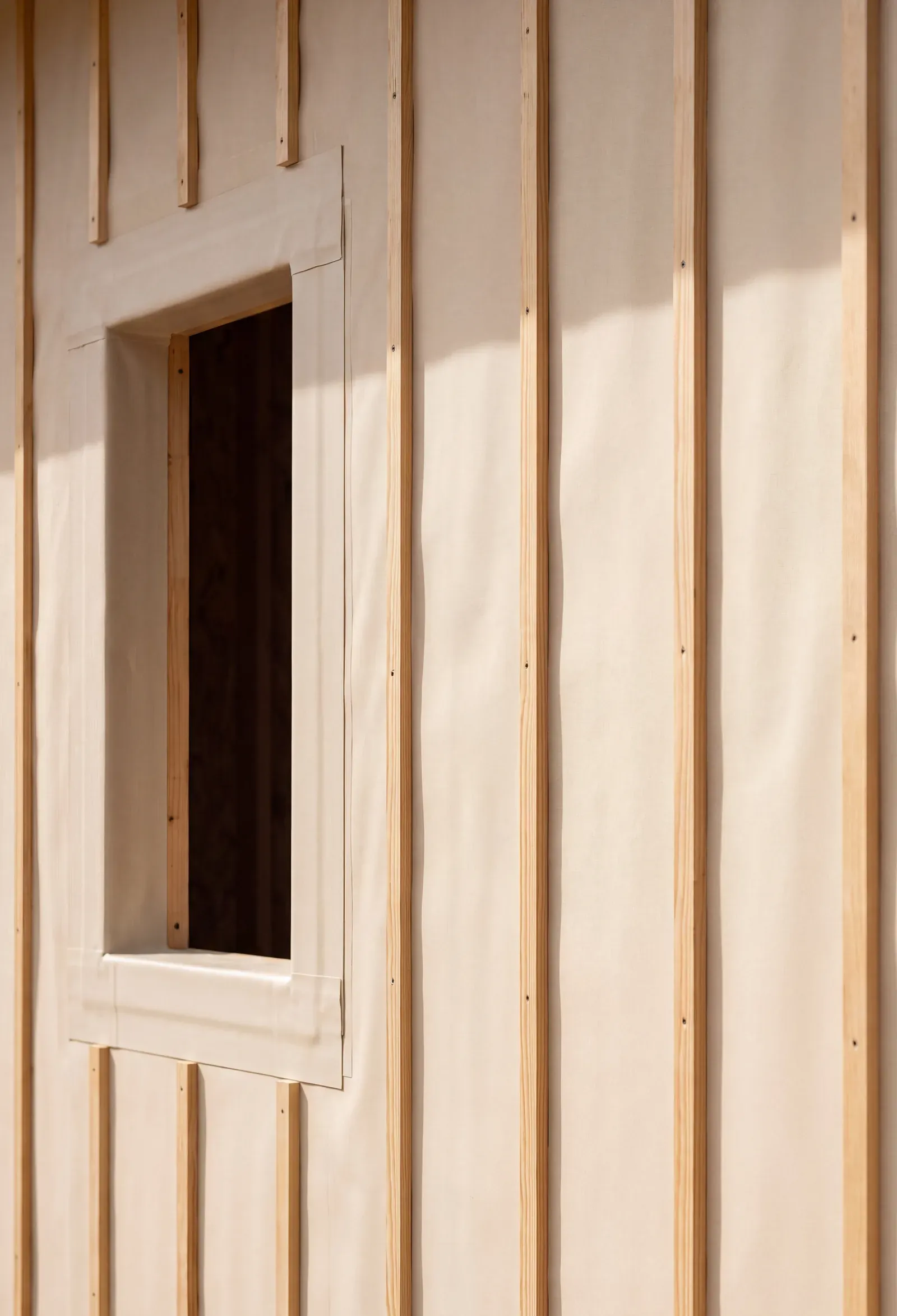 Flashed window rough opening in house wrap on a framed exterior wall