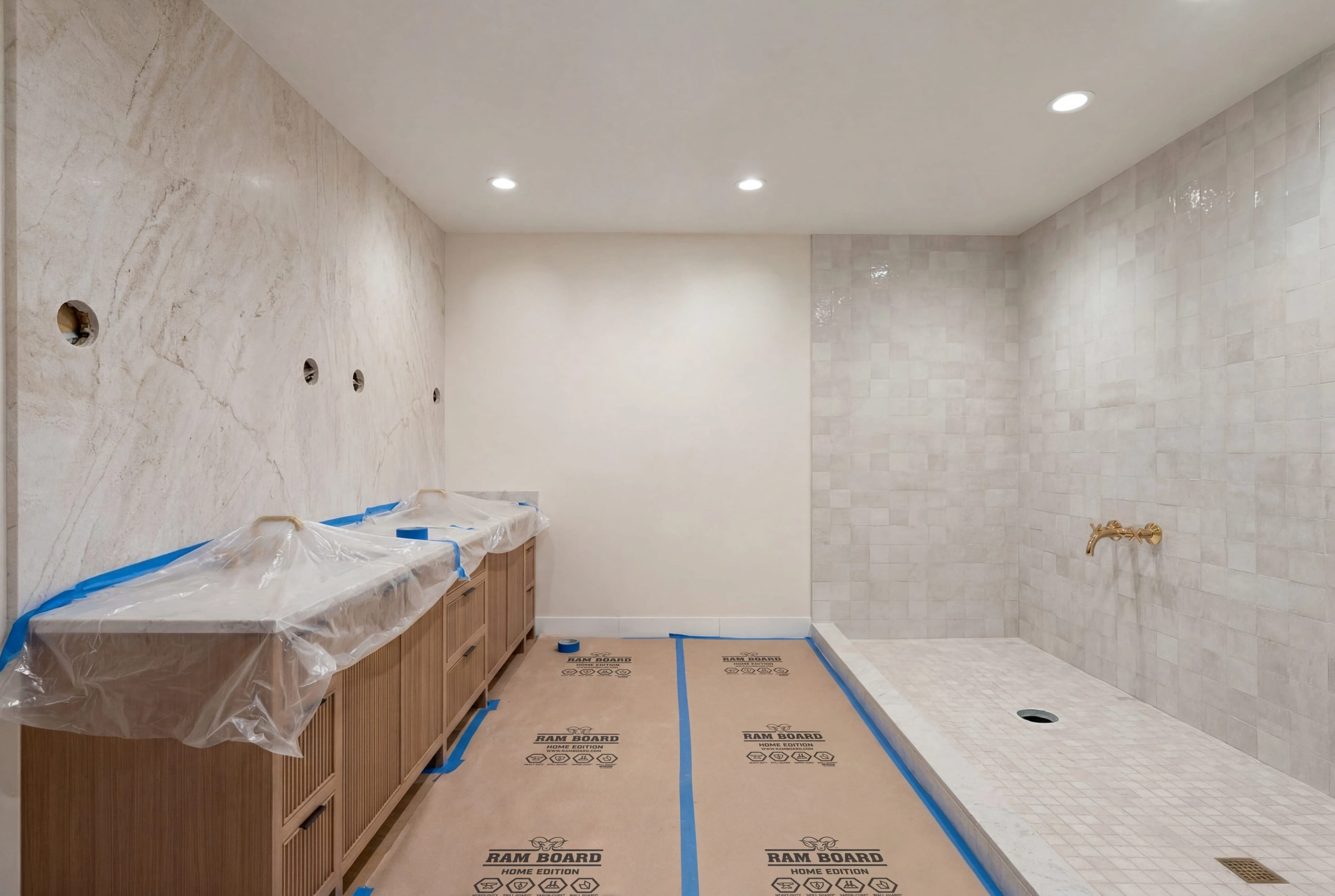 Bathroom under construction with waterproofing and new ventilation