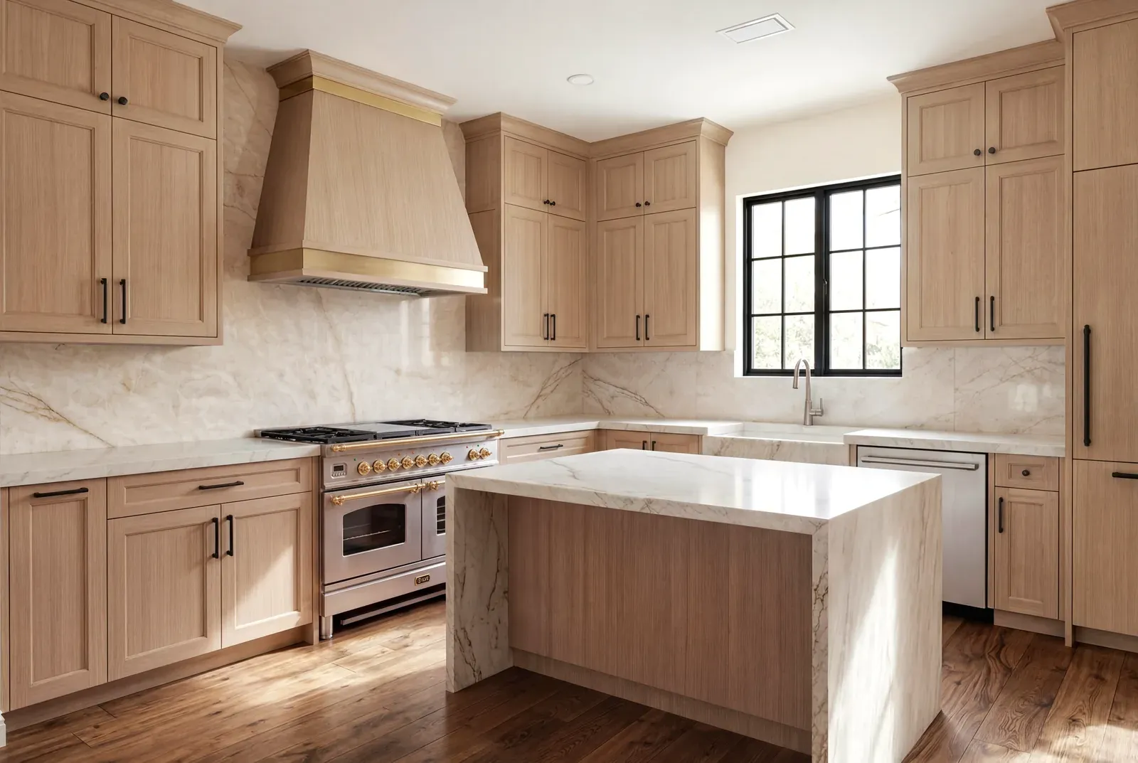 Kitchen remodel in Hyde Park, Austin, TX with white oak cabinetry and a marble backsplash