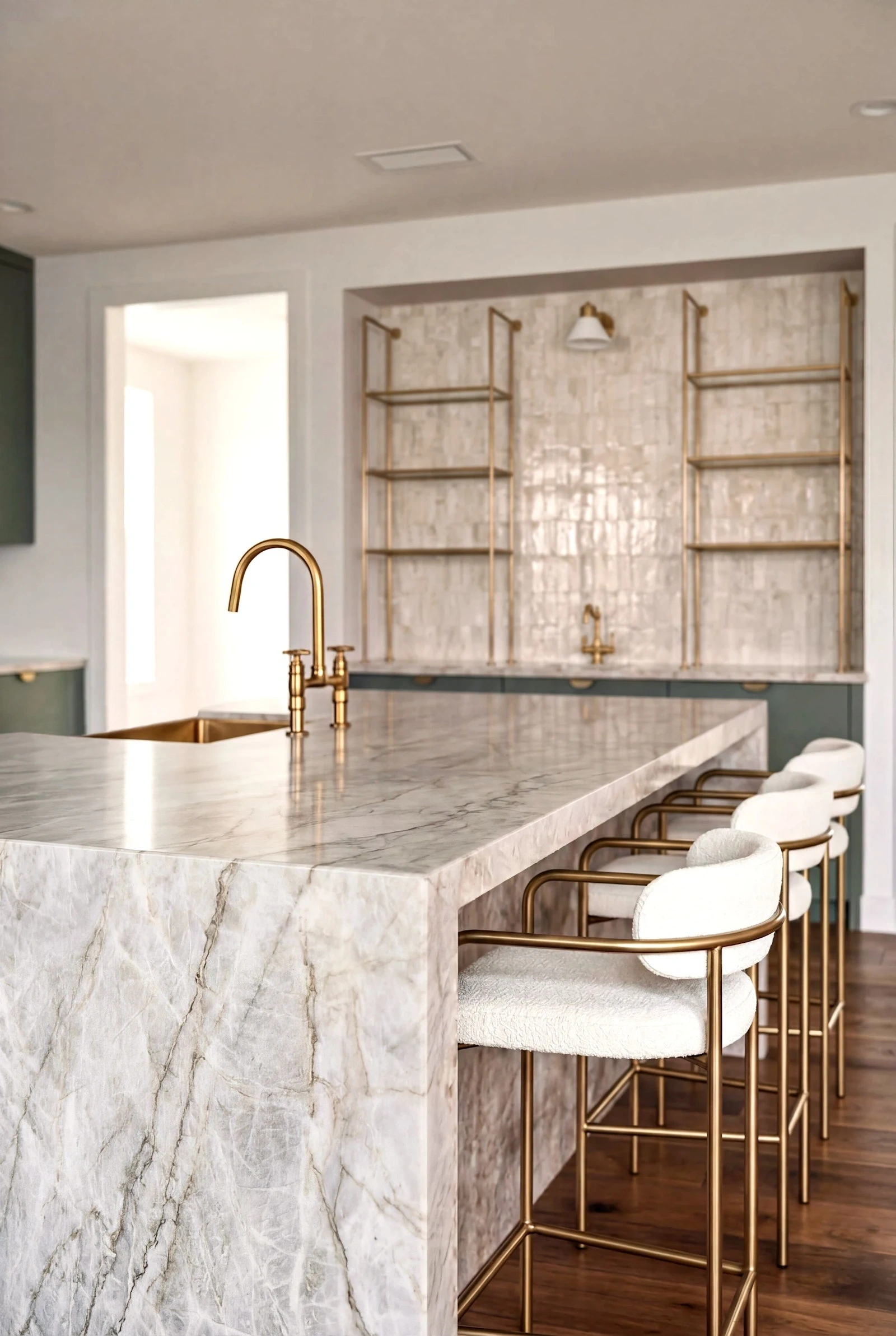 Sage kitchen showing the Westlake Hills home’s warm desert palette