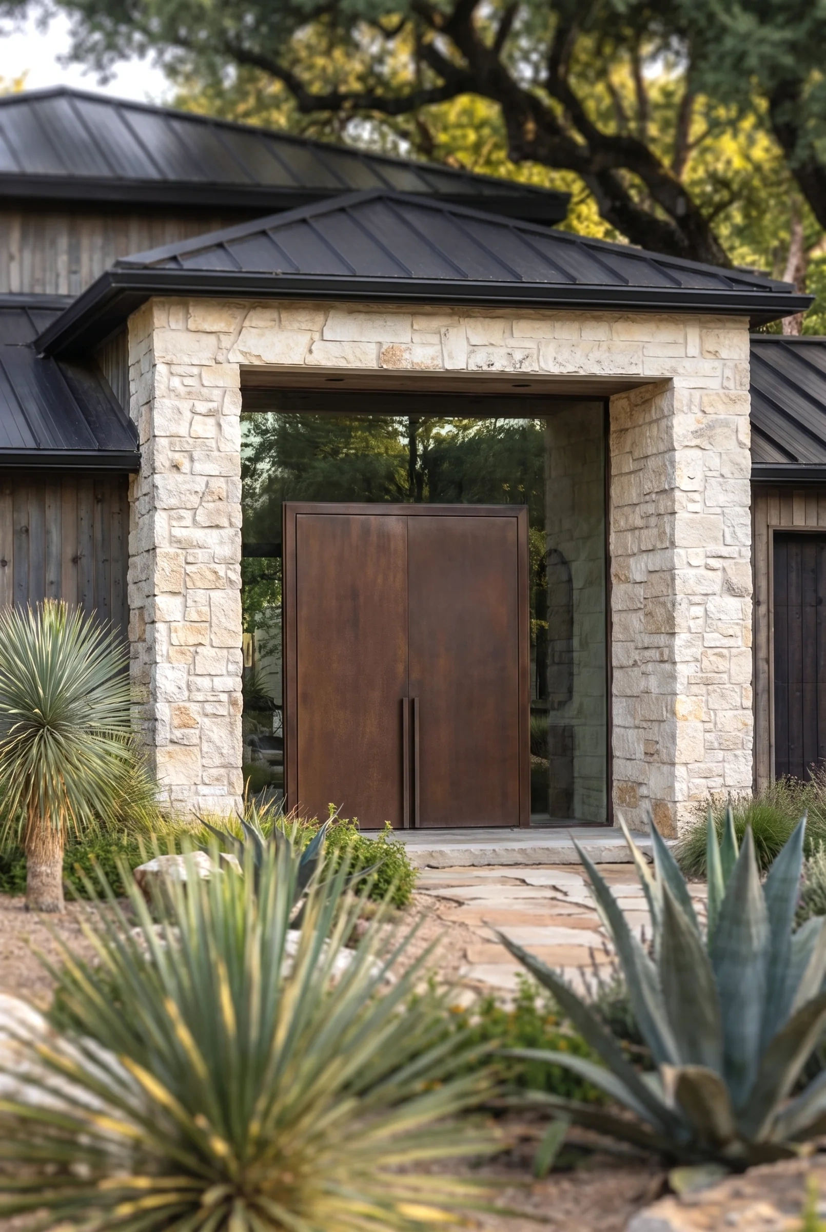 Barton Hills exterior with a limestone entry and Corten steel doors