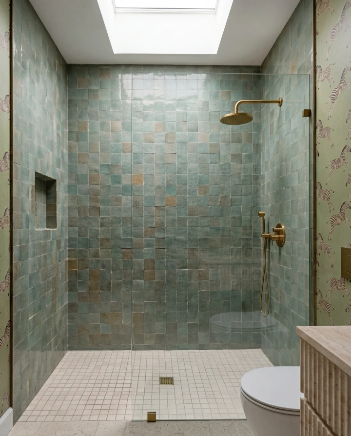 Walnut vanity and scalloped mirror in a Zilker bathroom with patterned tile