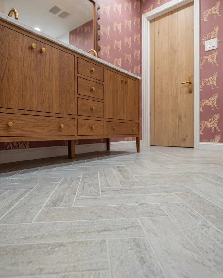 Tiger bathroom with walnut and herringbone tile