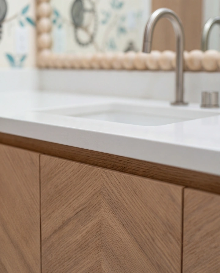 Scalloped walnut mirror in the tiger bathroom